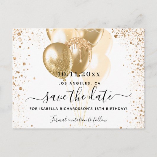 Carte Postale Faire-part Anniversaire Ballons d'or blanc enregistrer la dat (Devant)