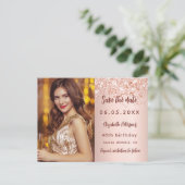 Carte Postale Faire-part Anniversaire rose or blush photo enregistrer la da (Debout devant)