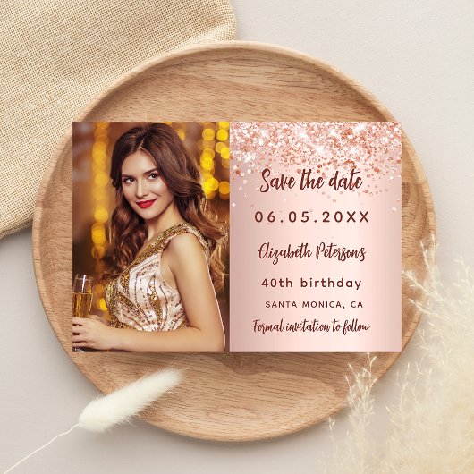 Carte Postale Faire-part Anniversaire rose or blush photo enregistrer la da