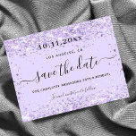 Carte Postale Faire-part Anniversaire violet violet parties scintillant vio<br><div class="desc">Une petite fille et tendance Enregistrer la carte Date pour une fête d'anniversaire de 40e (ou tout âge). Un fond de couleur violet lavande décoré de poussière de parties scintillant imitation. Personnalisez et ajoutez une date et un nom/âge 40. Le texte : Save the Date est écrit avec un grand...</div>
