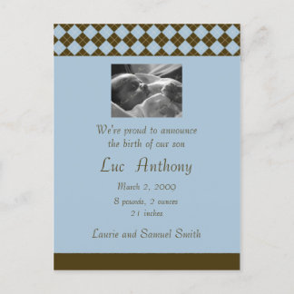 Carte Postale Faire-part Annonce carreau marron et bleu (personnalisable)