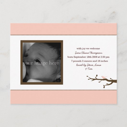 Carte Postale Faire-part Annonce de bébé oiseau rose (Devant)