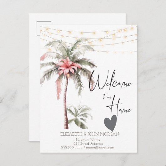 Carte Postale Faire-part Annonce de cœur de fleurs tropicales de palmier (Devant / Derrière)