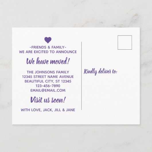 Carte Postale Faire-part Annonce de déménagement de la chambre d'amis viole (Dos)