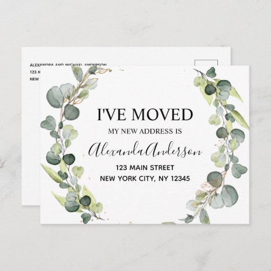 Carte Postale Faire-part Annonce de déménagement Eucalyptus Verdure Aquarel (Devant / Derrière)