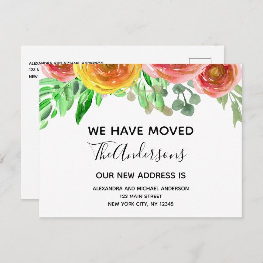 Carte Postale Faire-part Annonce de déménagement floral rose aquarelle (Devant / Derrière)