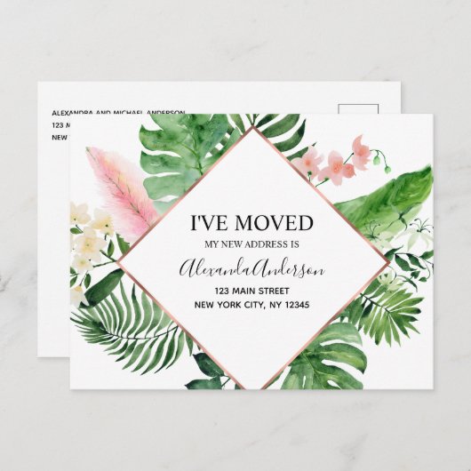 Carte Postale Faire-part Annonce de déménagement Floral Tropical Aquarelle (Devant / Derrière)