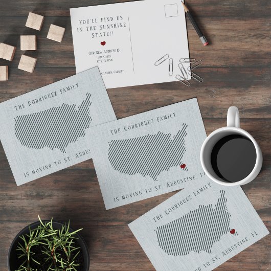 Carte Postale Faire-part Annonce de déménagement US Blue Linen et Heart