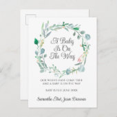 Carte Postale Faire-part Annonce de Grossesse Couronne Florale Rose Vert (Devant / Derrière)