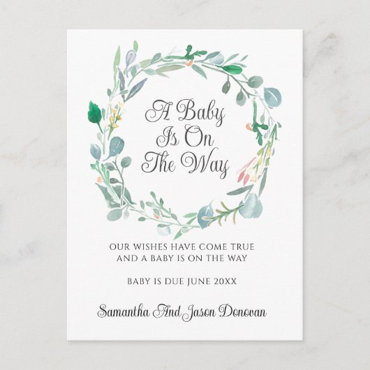 Carte Postale Faire-part Annonce de Grossesse Couronne Florale Rose Vert (Devant)