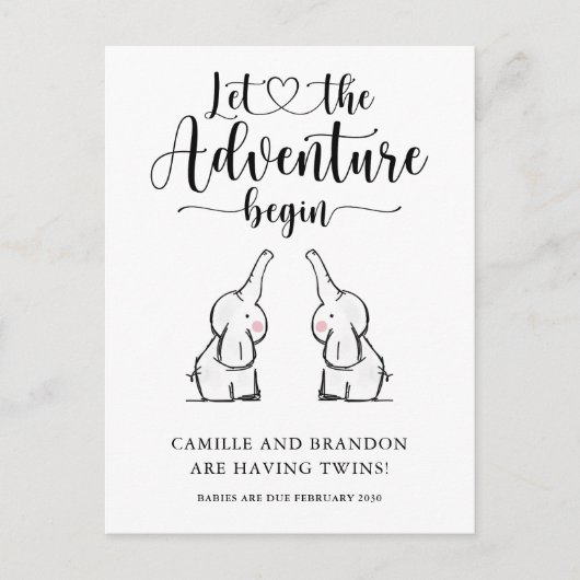 Carte Postale Faire-part Annonce de grossesse de jumeaux éléphants mignons (Devant)