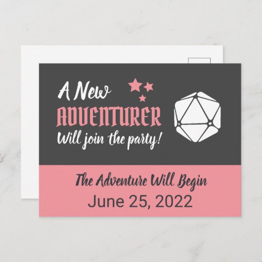 Carte Postale Faire-part Annonce de grossesse rose pour JDR de table (Devant / Derrière)