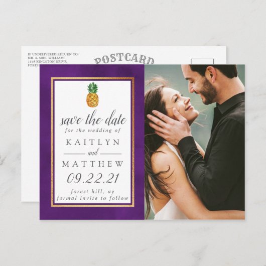 Carte Postale Faire-part Annonce de mariage Tropical Pineapple Save The Dat (Devant / Derrière)