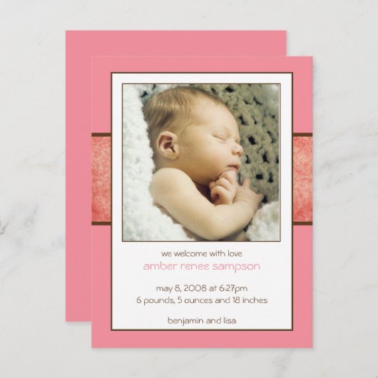 Carte Postale Faire-part Annonce de naissance échantillon Ambre (Devant / Derrière)