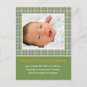 Carte Postale Faire-part Annonce de naissance Gingham vert/bleu