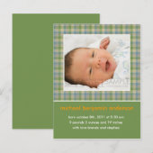 Carte Postale Faire-part Annonce de naissance Gingham vert/bleu (Devant / Derrière)