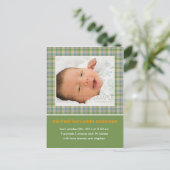 Carte Postale Faire-part Annonce de naissance Gingham vert/bleu (Debout devant)