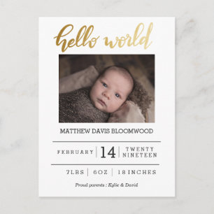 Carte Postale Faire-part Annonce de naissance Hello World Photo de nouveau-