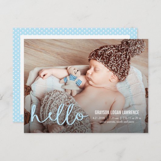 Carte Postale Faire-part Annonce de naissance moderne HELLO (Devant / Derrière)