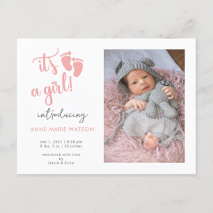Carte Postale Faire-part Annonce de naissance Photo de Bébé Fille aux Pieds
