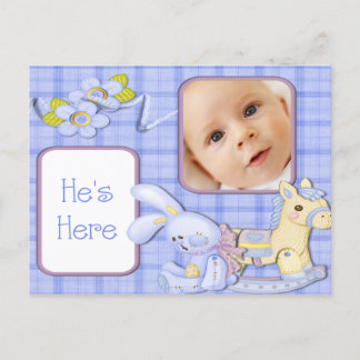 Carte Postale Faire-part Annonce de naissance photo jouets bleus