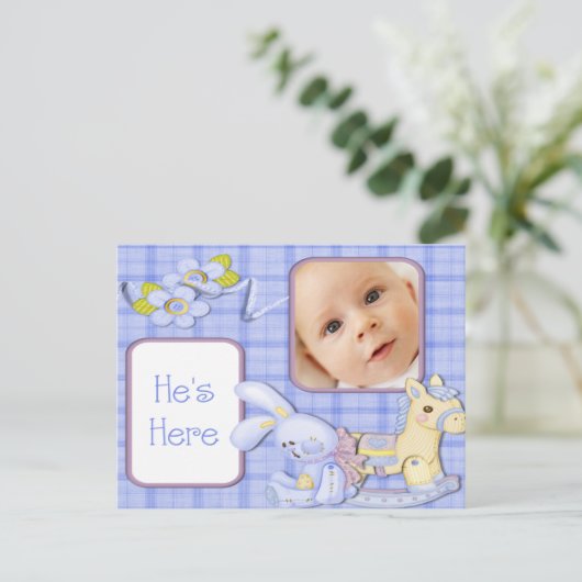 Carte Postale Faire-part Annonce de naissance photo jouets bleus (Debout devant)