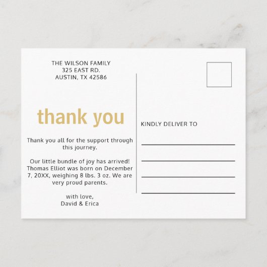 Carte Postale Faire-part Annonce de naissance photo nom gras simple bébé (Dos)