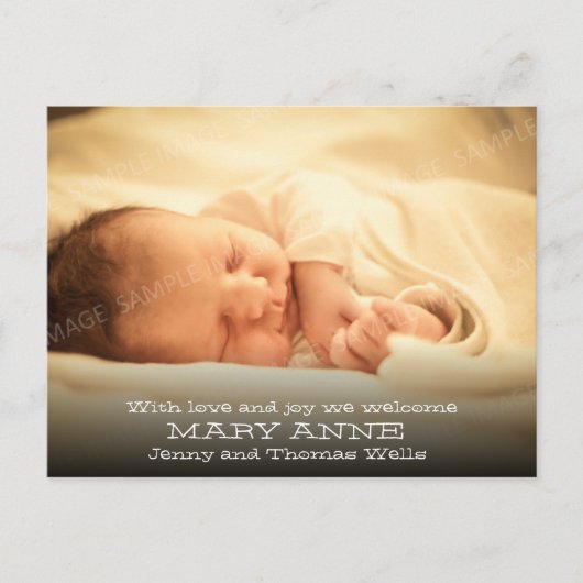 Carte Postale Faire-part Annonce de nouveau bébé (texte blanc, horizontal) (Devant)