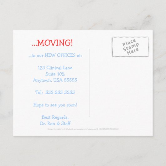 Carte Postale Faire-part Annonce humoristique de déménagement d'entreprise (Dos)