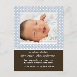 Carte Postale Faire-part Annonce Naissance Bébé Bleu/ Marron à pois