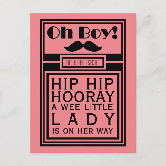Carte Postale Faire-part Annonce Naissance Fille Oh Boy Black Moustache (Devant)