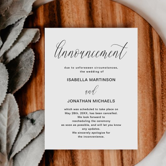 Carte Postale Faire-part Annonce simple d'annulation de mariage