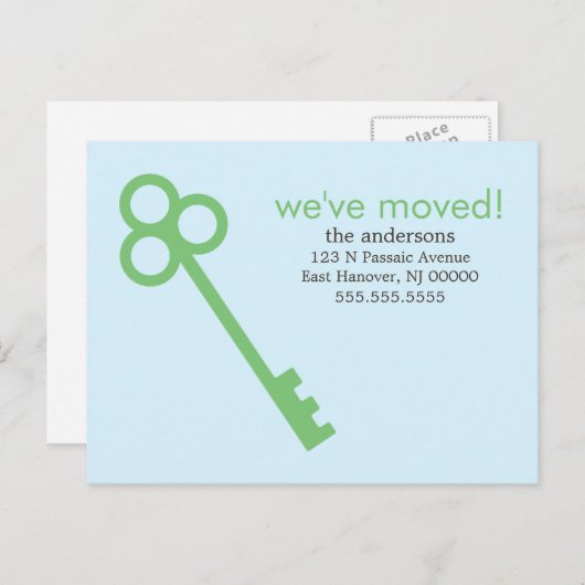 Carte Postale Faire-part Annonces de déplacement de clé squelette vert (Devant / Derrière)
