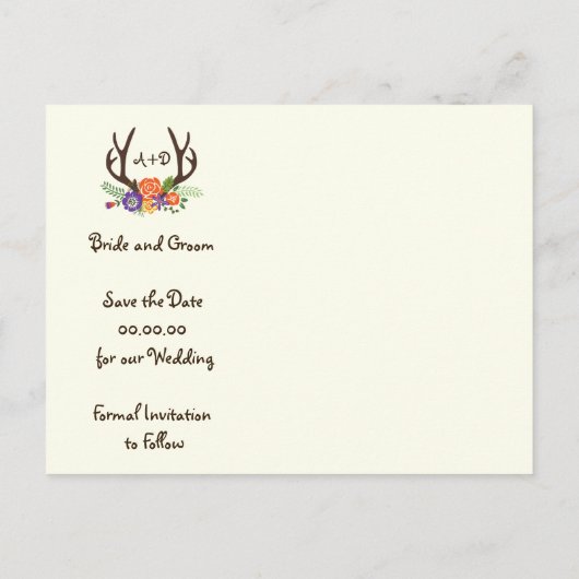Carte Postale Faire-part Antlers & fleurs mariage monogramme Enregistrer la (Dos)