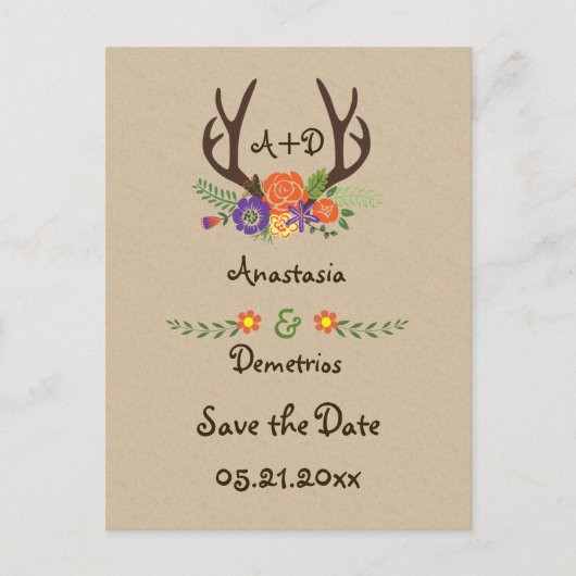 Carte Postale Faire-part Antlers & fleurs mariage monogramme Enregistrer la (Devant)