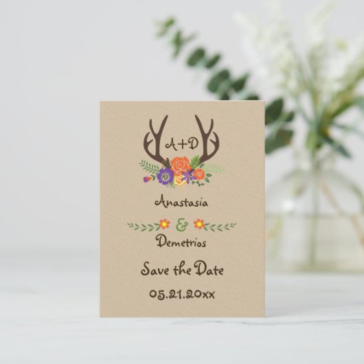 Carte Postale Faire-part Antlers & fleurs mariage monogramme Enregistrer la (Debout devant)