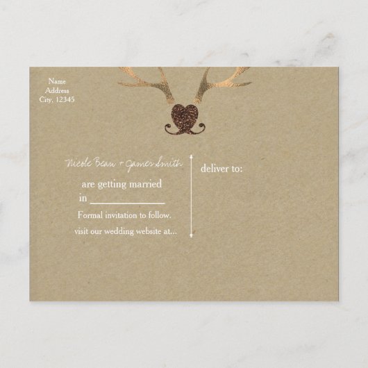 Carte Postale Faire-part Antlers Or & Papier Brown Enregistrer La Date (Dos)