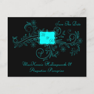 Carte Postale Faire-part Aqua Black Monogramme Florales Enregistrer La Date
