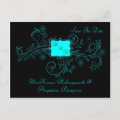 Carte Postale Faire-part Aqua Black Monogramme Florales Enregistrer La Date (Devant)
