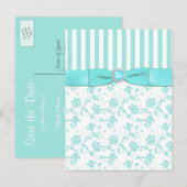 Carte Postale Faire-part Aqua Bleu et Blanc rayé Floral Enregistrer la date (Devant / Derrière)