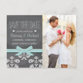 Carte Postale Faire-part Aqua Blue Chalkboard Lace Bow Enregistrer la date (Devant)