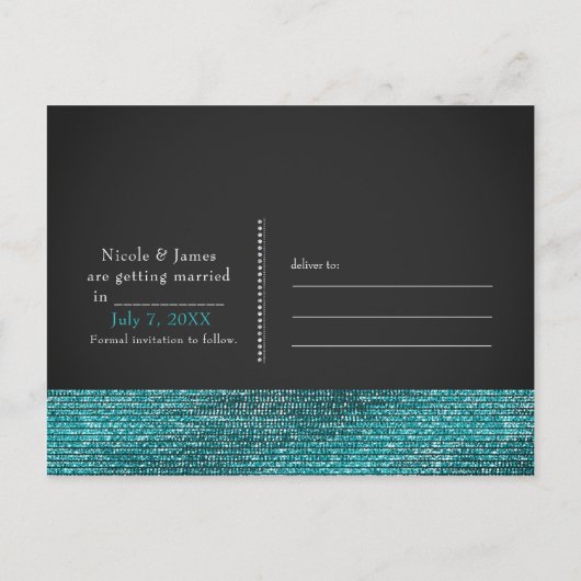 Carte Postale Faire-part Aqua Blue & Grey Modern Glam Sequins Enregistrer l (Dos)