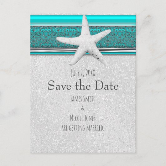 Carte Postale Faire-part Aqua Blue & Silver Starfish Beach Enregistrer la d (Devant)