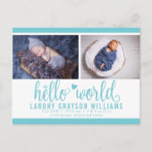 Carte Postale Faire-part Aqua Hello World Photo Birth Stat (Devant)