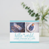 Carte Postale Faire-part Aqua Hello World Photo Birth Stat (Debout devant)