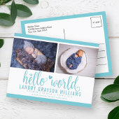 Carte Postale Faire-part Aqua Hello World Photo Birth Stat