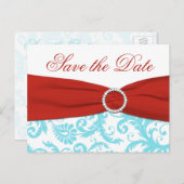 Carte Postale Faire-part Aqua, Red et White Damask Enregistrer la date Cart (Devant / Derrière)