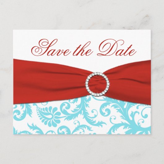 Carte Postale Faire-part Aqua, Red et White Damask Enregistrer la date Cart (Devant)
