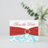 Carte Postale Faire-part Aqua, Red et White Damask Enregistrer la date Cart (Debout devant)