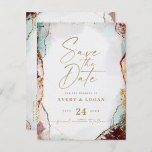 Carte Postale Faire-part Aqua Red & Gold Winter Wedding Enregistrer La Date